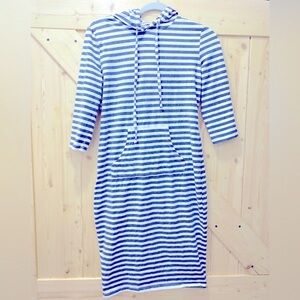 😎😍Grey & White Vertical Striped Fitted Stretchy Hoodie Quarter Sleeve Midi Dress